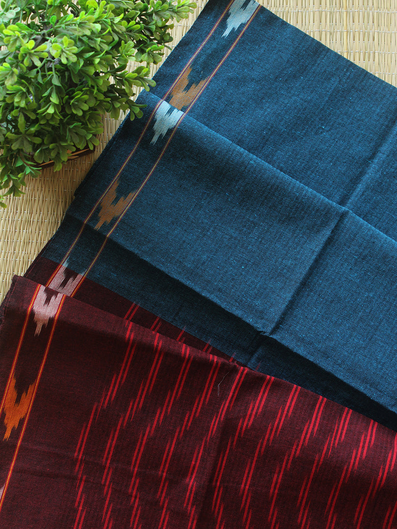 Rust and Blue Pochampally Ikkat Handloom Cotton Dress Material