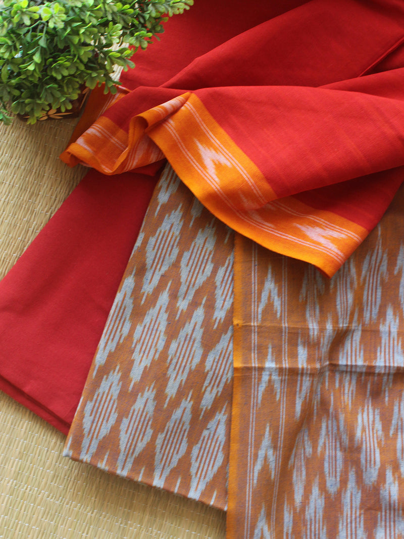 Mustard and Red Pochampally Ikkat Handloom Cotton Dress Material