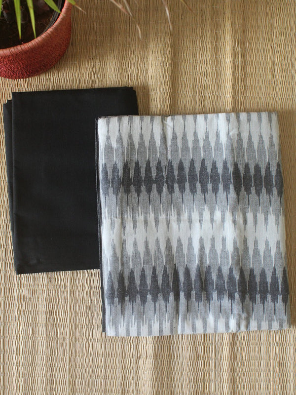 Off-White and Black Pochampally Ikkat Handloom Cotton Dress Material
