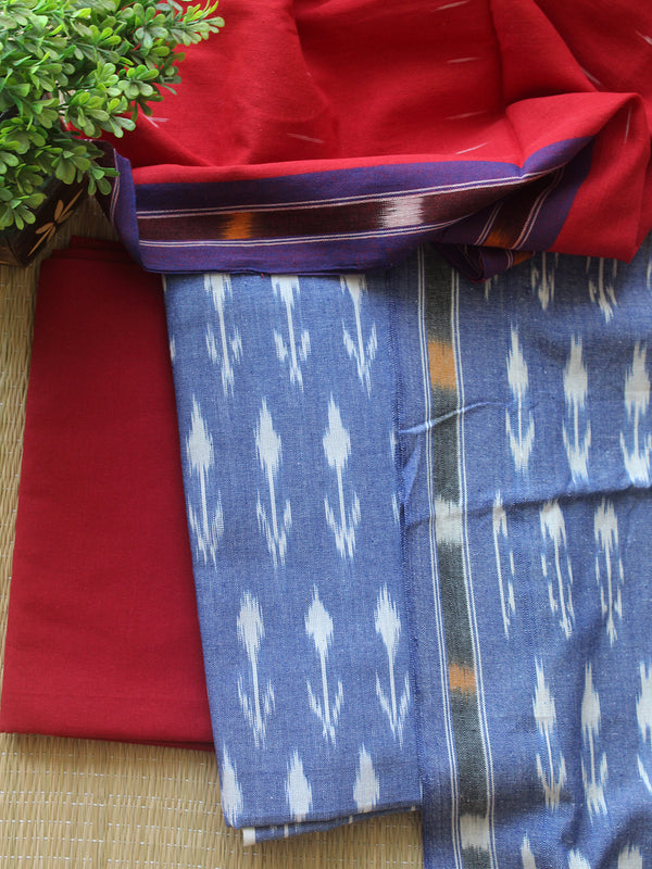 Blue and Red Pochampally Ikkat Handloom Cotton Dress Material