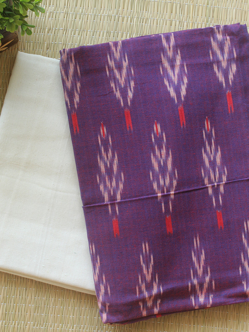 Purple and Off-White Pochampally Ikkat Handloom Cotton Dress Material