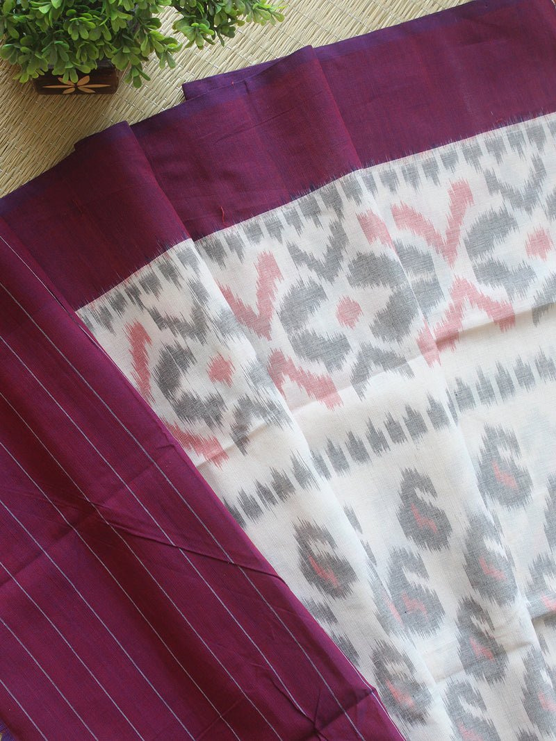 Purple and Off-White Pochampally Ikkat Handloom Cotton Dress Material