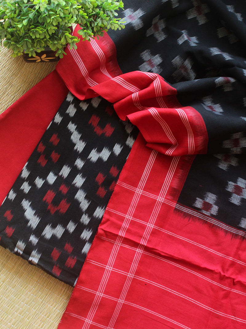 Red and Black Pochampally Ikkat Handloom Cotton Dress Material