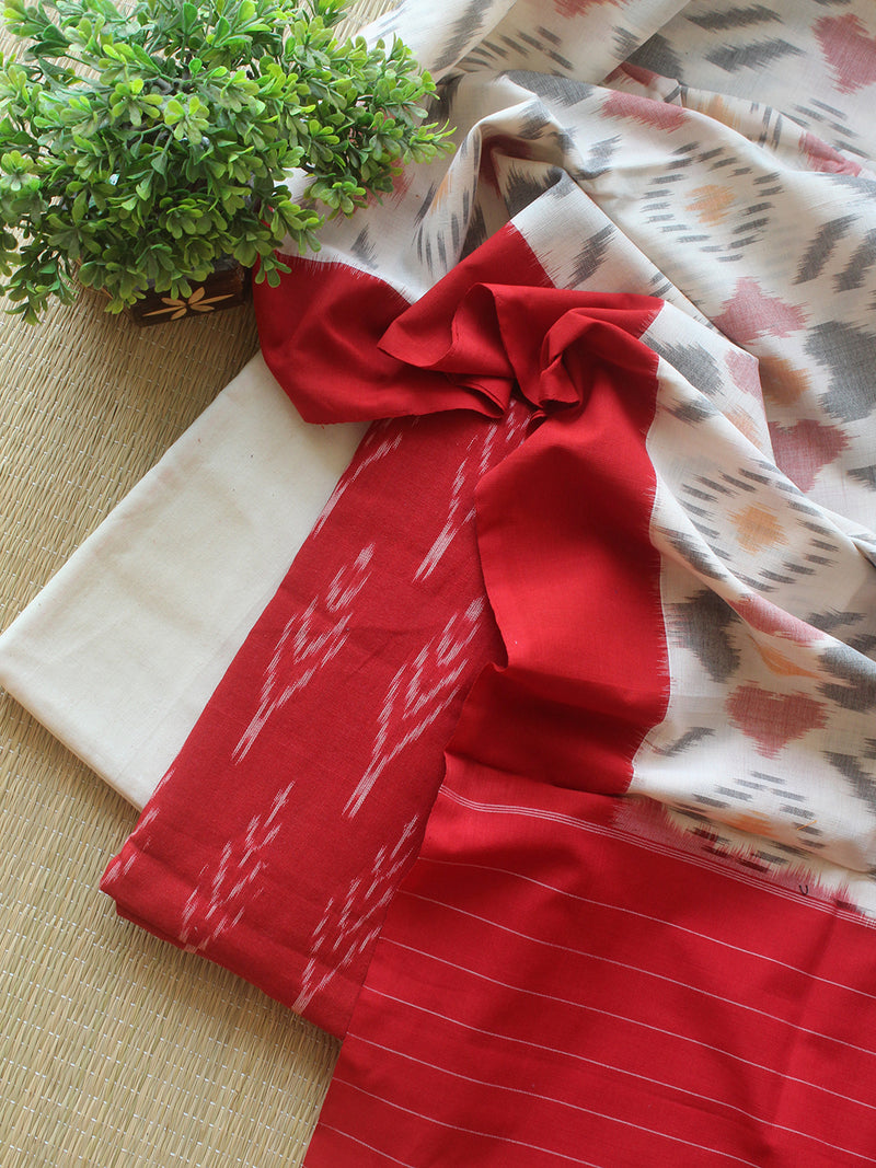 Red and Off-White Pochampally Ikkat Handloom Cotton Dress Material