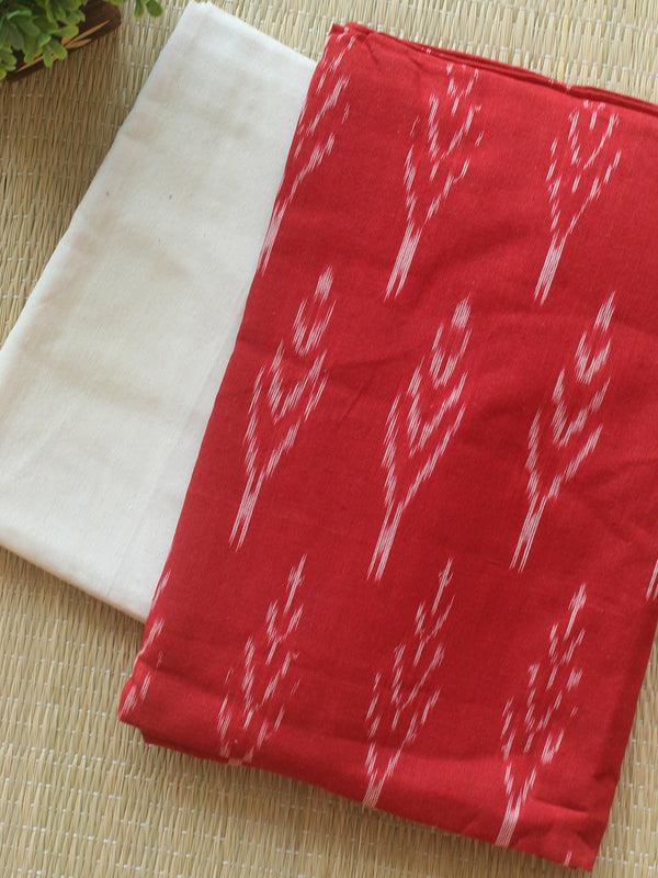 Red and Off-White Pochampally Ikkat Handloom Cotton Dress Material