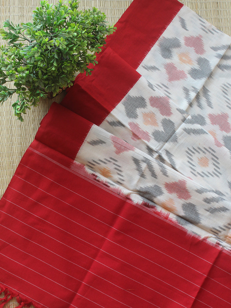 Red and Off-White Pochampally Ikkat Handloom Cotton Dress Material