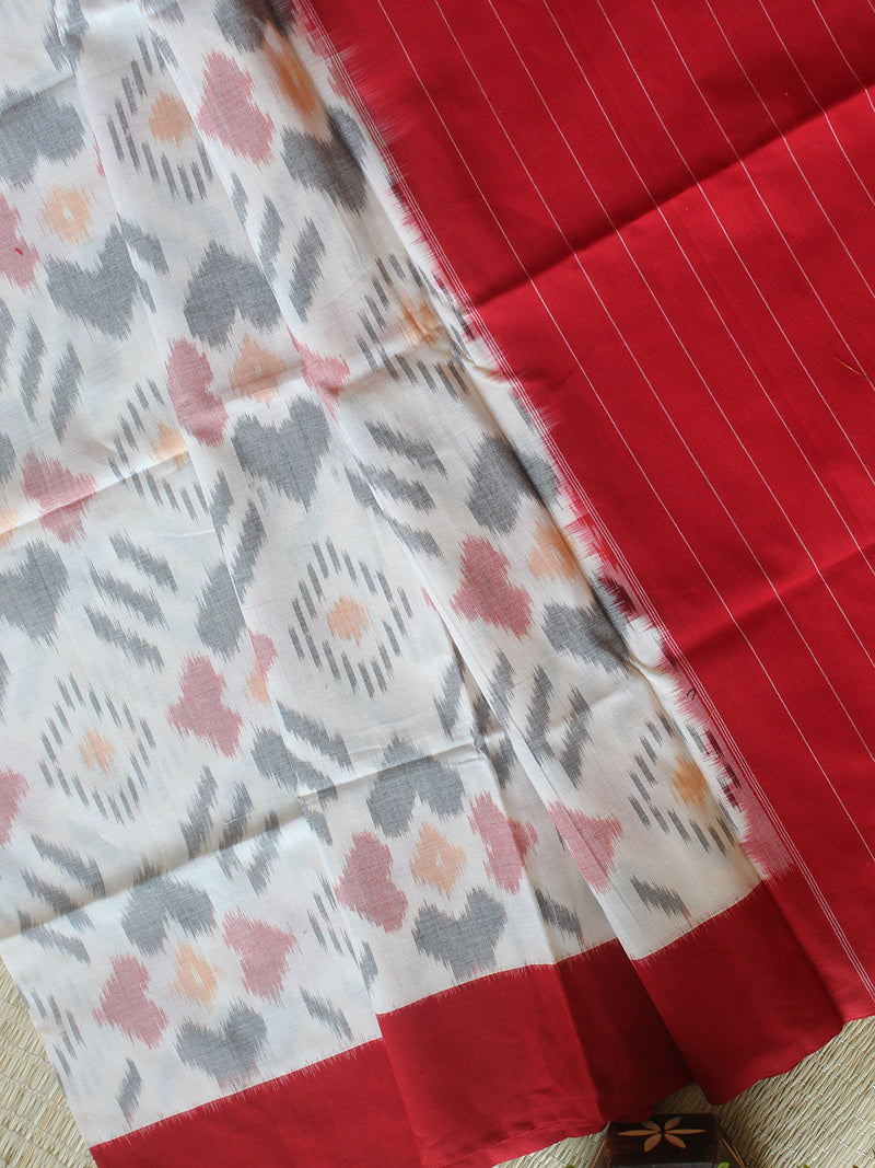 Red and Off-White Pochampally Ikkat Handloom Cotton Dress Material