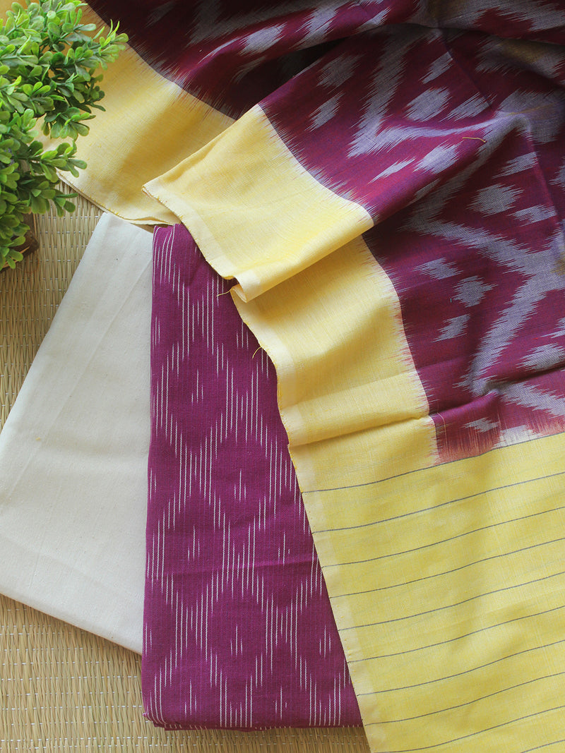 Purple and Yellow Pochampally Ikkat Handloom Cotton Dress Material