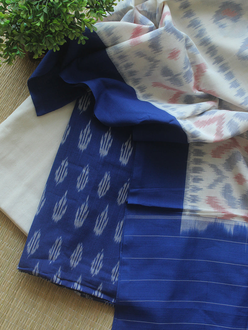 Blue and Off-White Pochampally Ikkat Handloom Cotton Dress Material