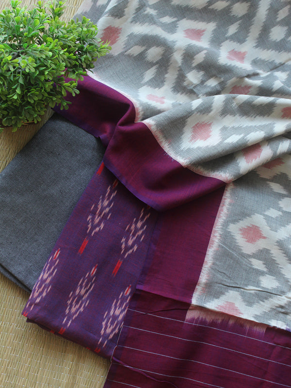 Purple and Grey Pochampally Ikkat Handloom Cotton Dress Material