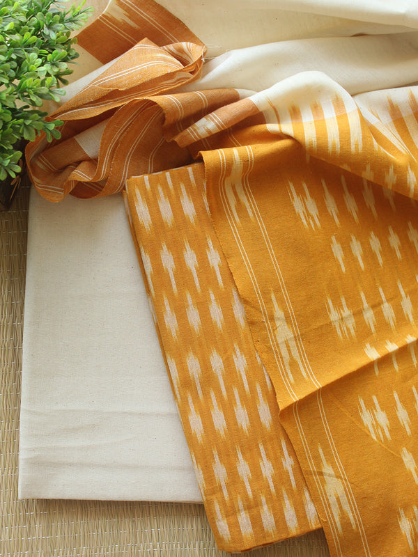 Yellow and Off-White Pochampally Ikkat Handloom Cotton Dress Material