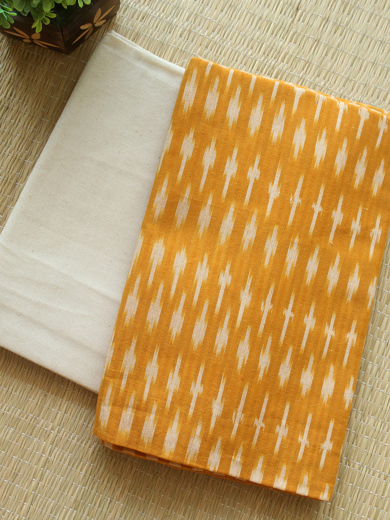 Yellow and Off-White Pochampally Ikkat Handloom Cotton Dress Material