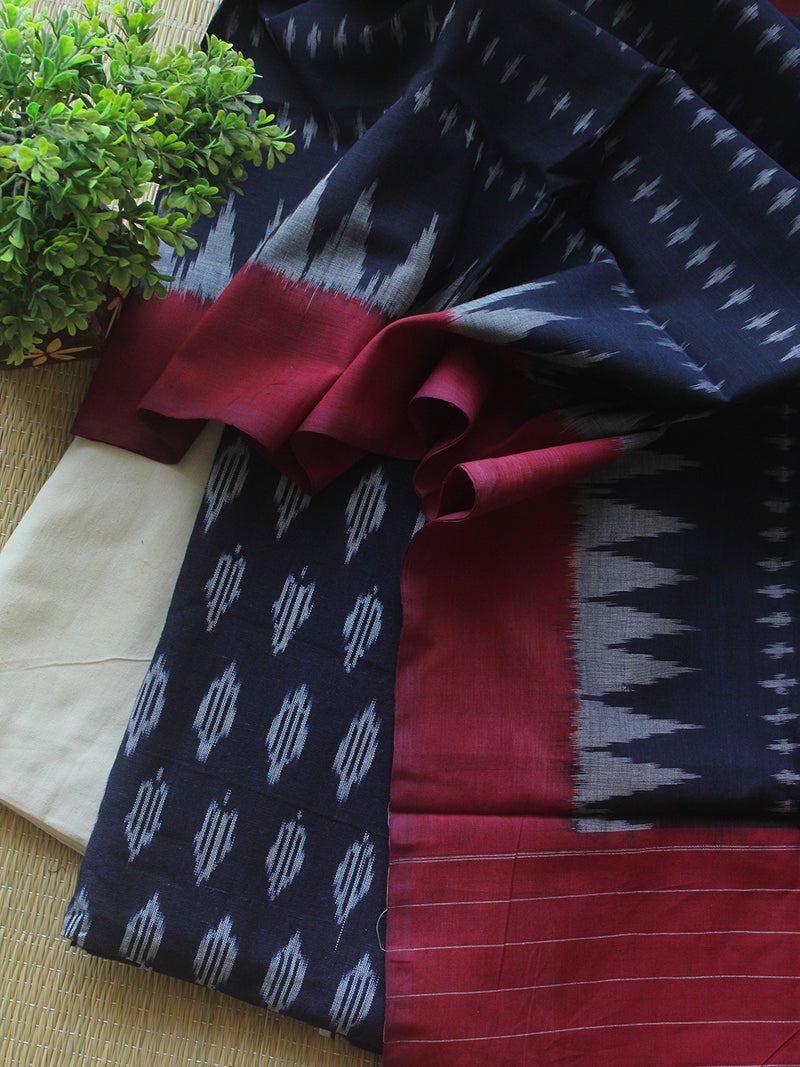 Navy Blue and Maroon Pochampally Ikkat Handloom Cotton Dress Material