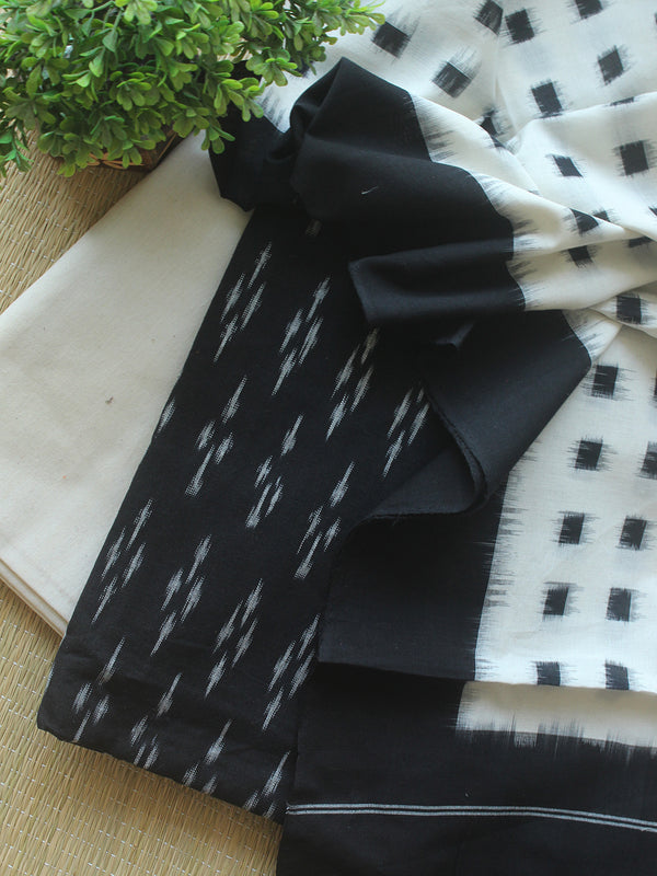 Black and Off-White Pochampally Ikkat Handloom Cotton Dress Material