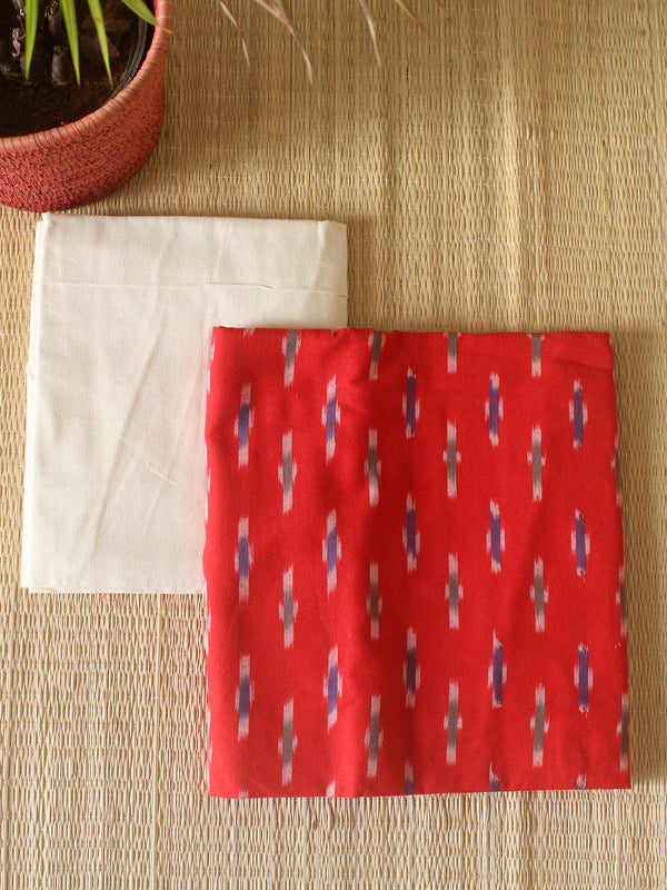 Red and Off-White Pochampally Ikkat Handloom Cotton Dress Material