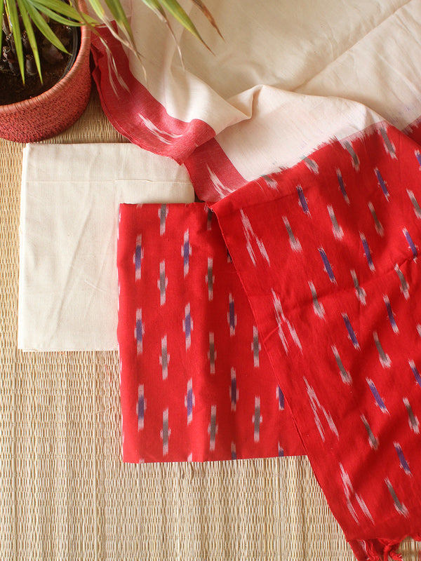 Red and Off-White Pochampally Ikkat Handloom Cotton Dress Material