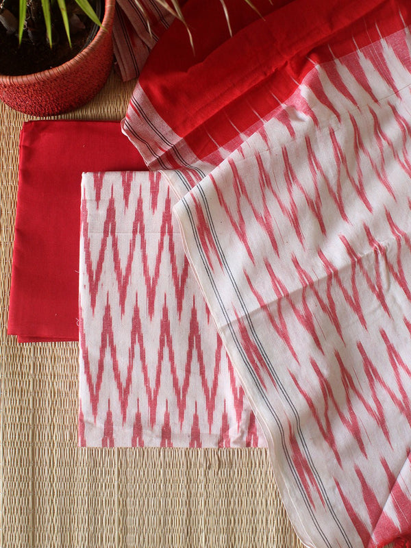 White and Red Pochampally Ikkat Handloom Cotton Dress Material