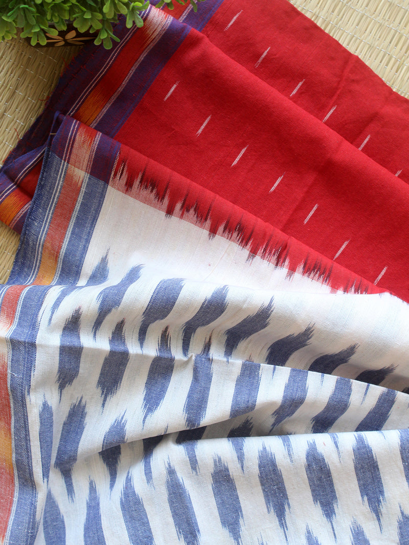 White and Red Pochampally Ikkat Handloom Cotton Dress Material