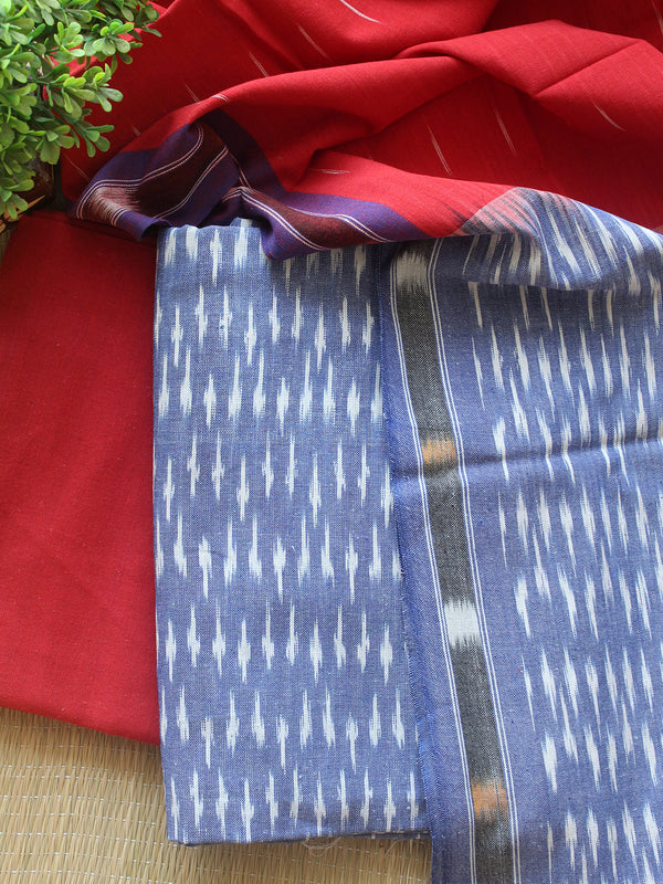 Blue and Red Pochampally Ikkat Handloom Cotton Dress Material