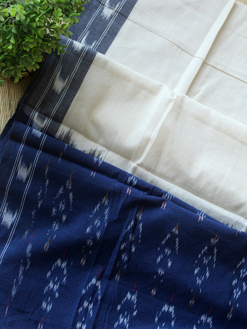 Blue and Off-White Pochampally Ikkat Handloom Cotton Dress Material