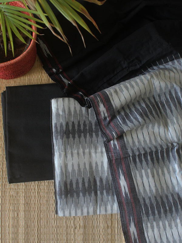 Off-White and Black Pochampally Ikkat Handloom Cotton Dress Material