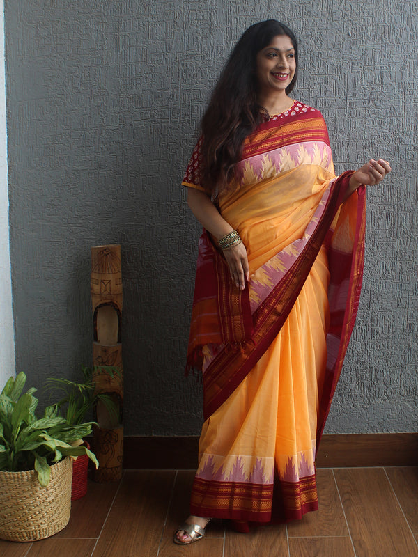 Yellow Mercerized Cotton Silk Handloom Ilkal Saree