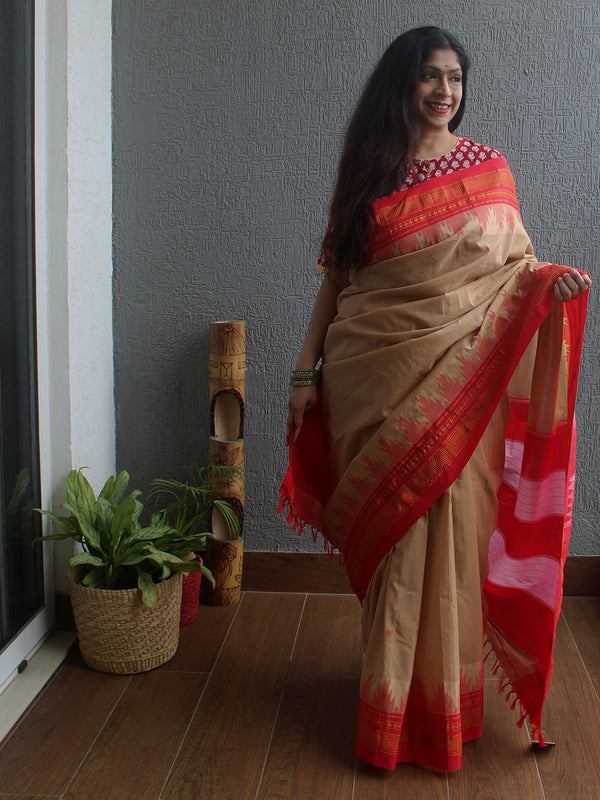 Beige Mercerized Cotton Silk Handloom Ilkal Saree