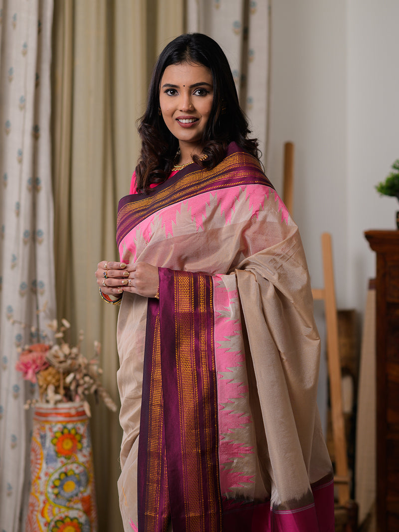 Beige Mercerized Cotton Silk Handloom Ilkal Saree