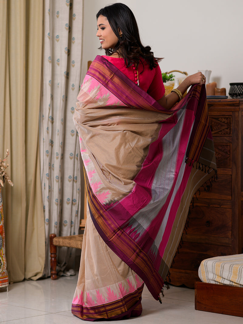 Beige Mercerized Cotton Silk Handloom Ilkal Saree