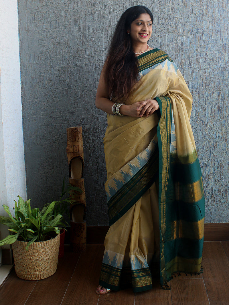 Beige Mercerized Cotton Silk Handloom Ilkal Saree