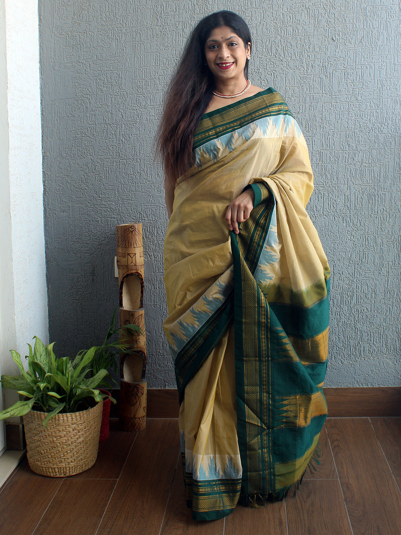 Beige Mercerized Cotton Silk Handloom Ilkal Saree