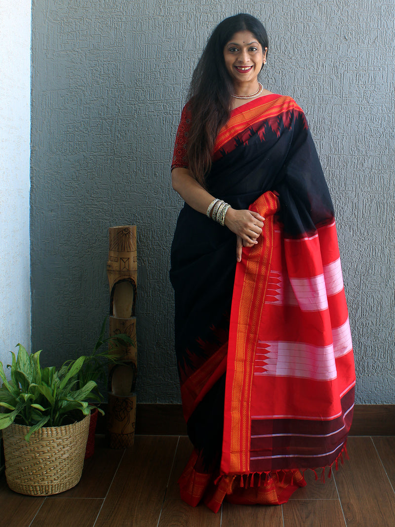 Black Mercerized Cotton Silk Handloom Ilkal Saree