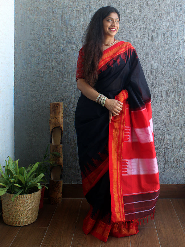 Black Mercerized Cotton Silk Handloom Ilkal Saree