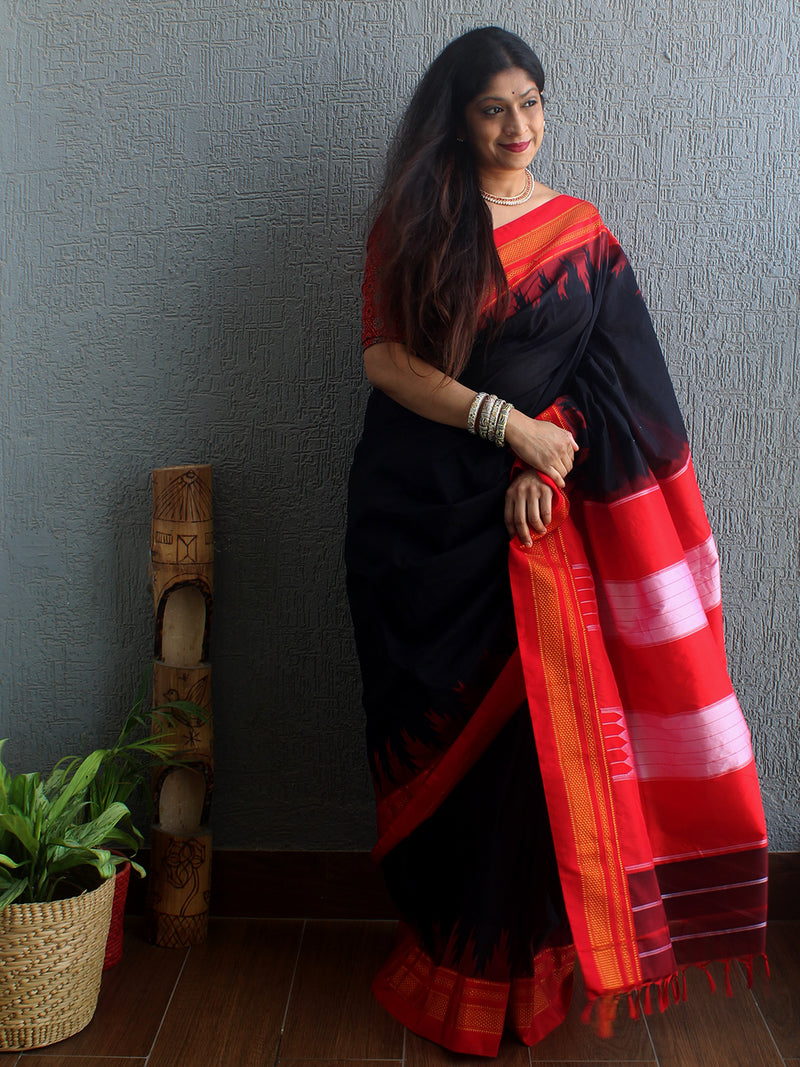 Black Mercerized Cotton Silk Handloom Ilkal Saree