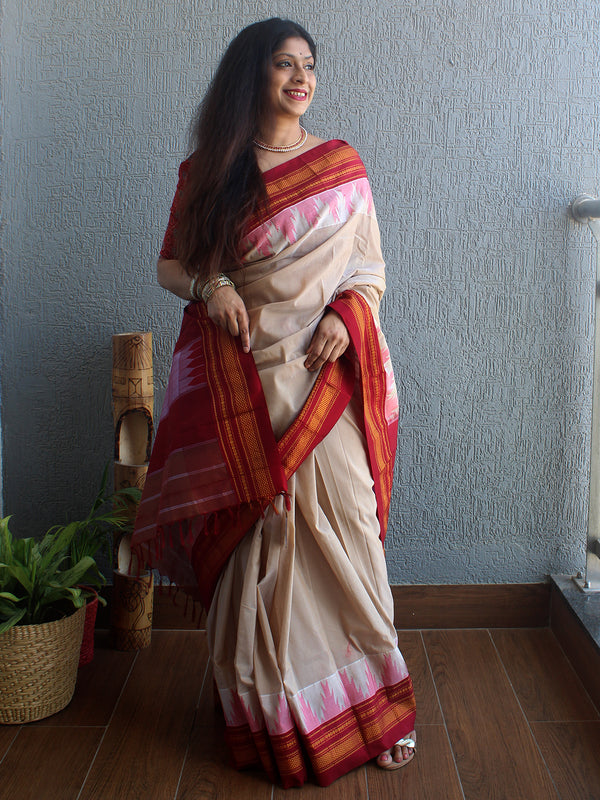 Beige Mercerized Cotton Silk Handloom Ilkal Saree