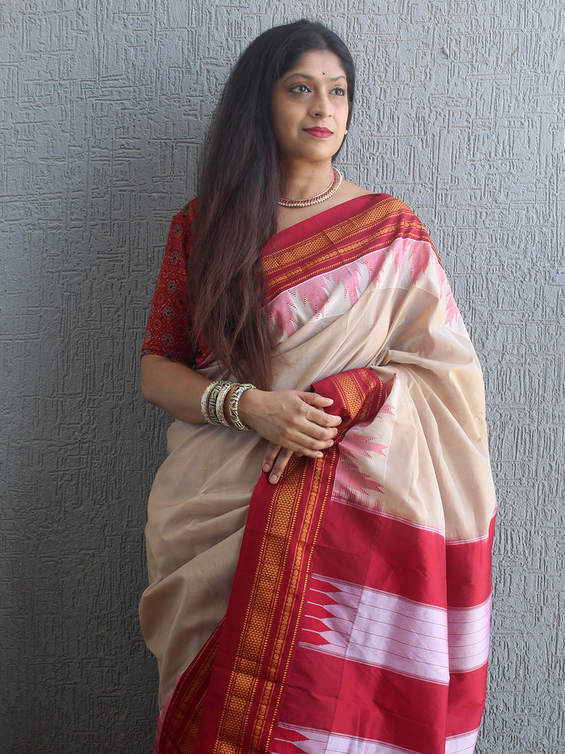 Beige Mercerized Cotton Silk Handloom Ilkal Saree