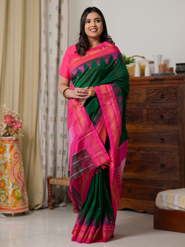 Green Mercerized Cotton Silk Handloom Ilkal Saree