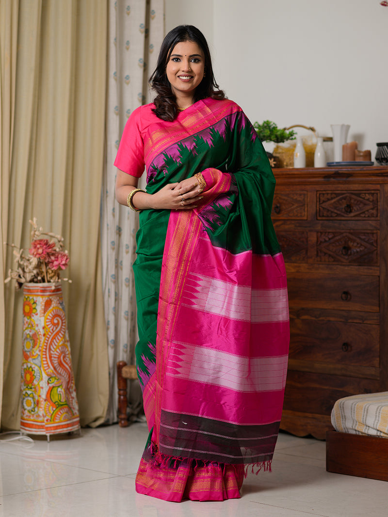 Green Mercerized Cotton Silk Handloom Ilkal Saree