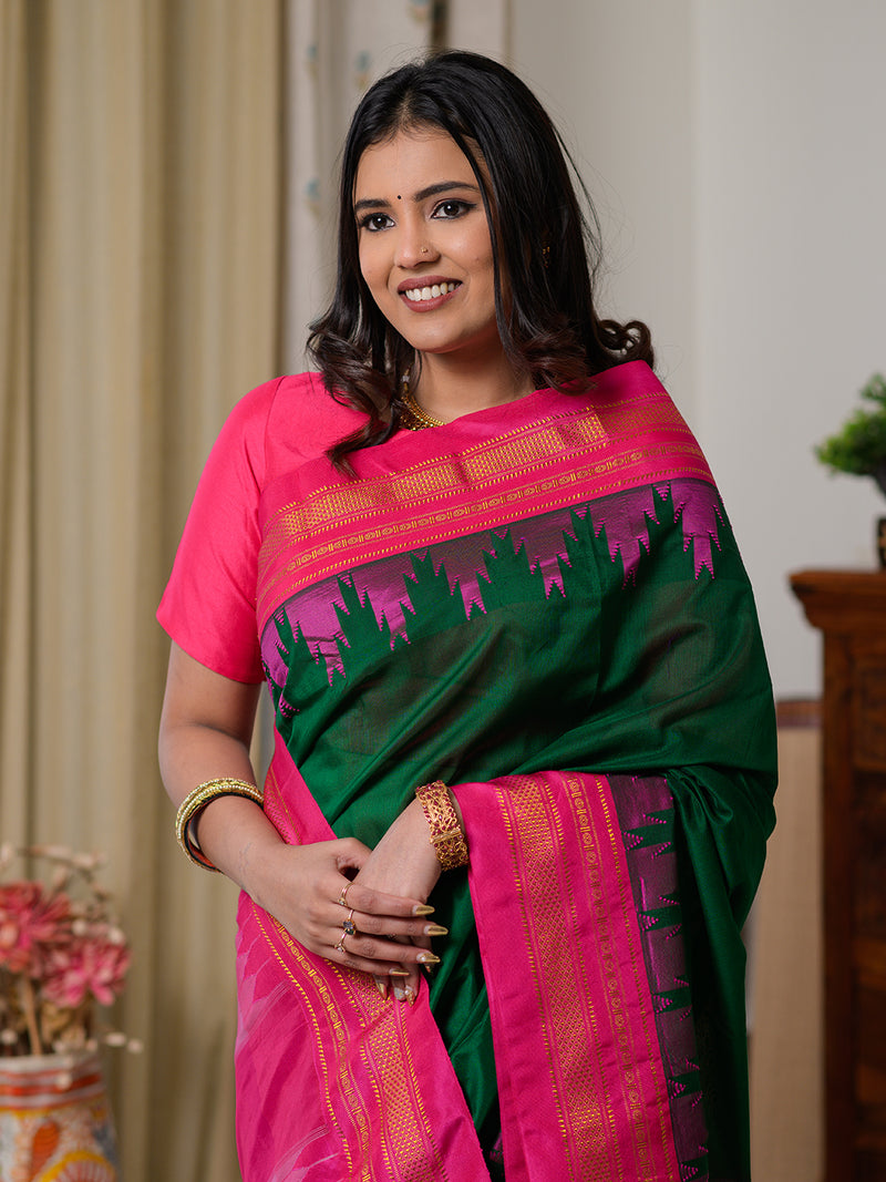 Green Mercerized Cotton Silk Handloom Ilkal Saree