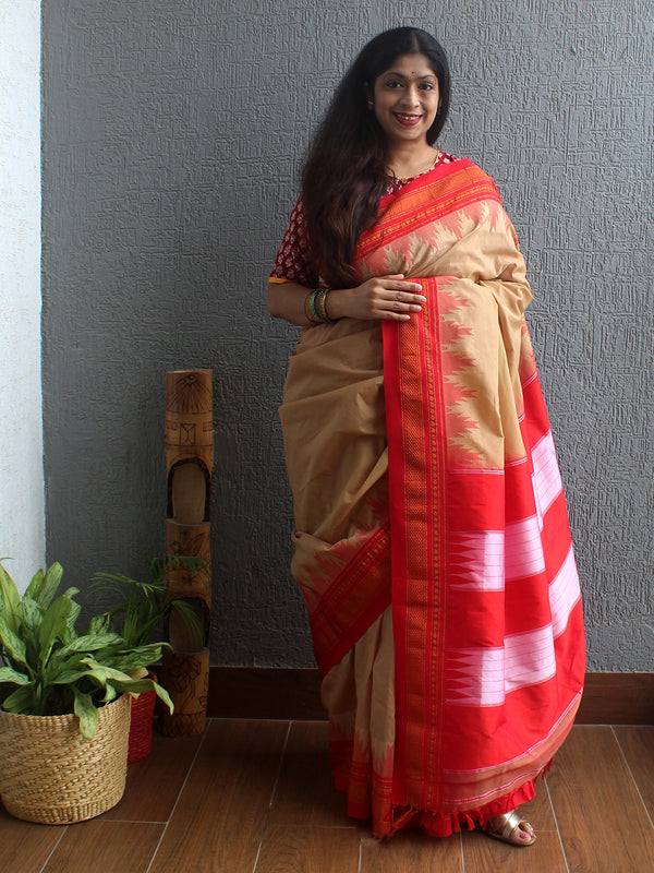 Beige Mercerized Cotton Silk Handloom Ilkal Saree