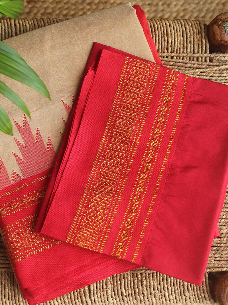 Beige Mercerized Cotton Silk Handloom Ilkal Saree