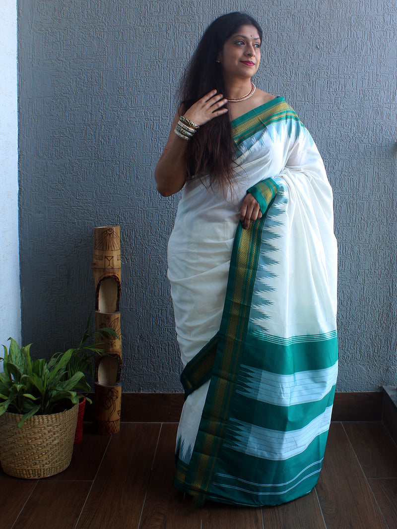 White Mercerized Cotton Silk Handloom Ilkal Saree