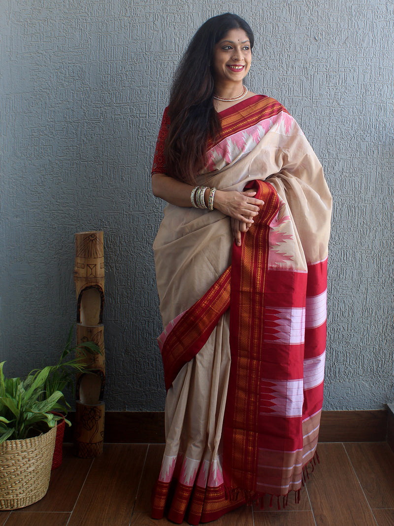 Beige Mercerized Cotton Silk Handloom Ilkal Saree