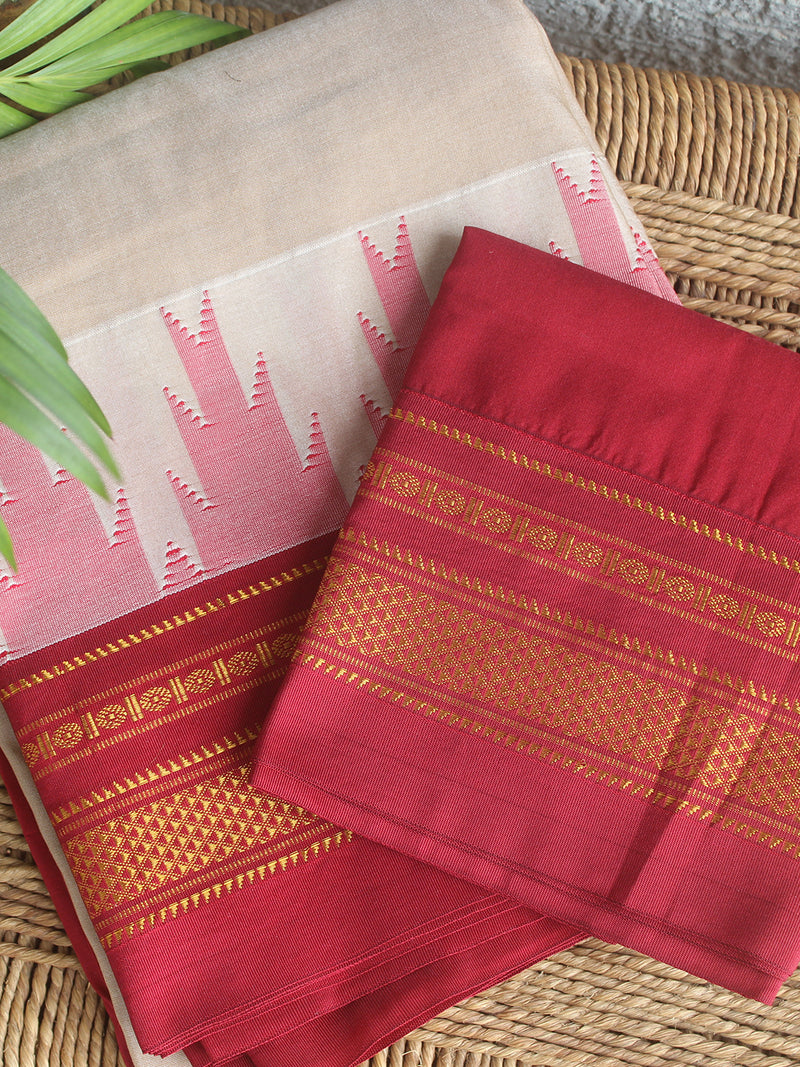 Beige Mercerized Cotton Silk Handloom Ilkal Saree