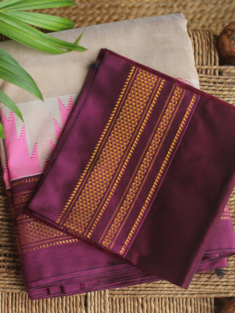 Beige Mercerized Cotton Silk Handloom Ilkal Saree