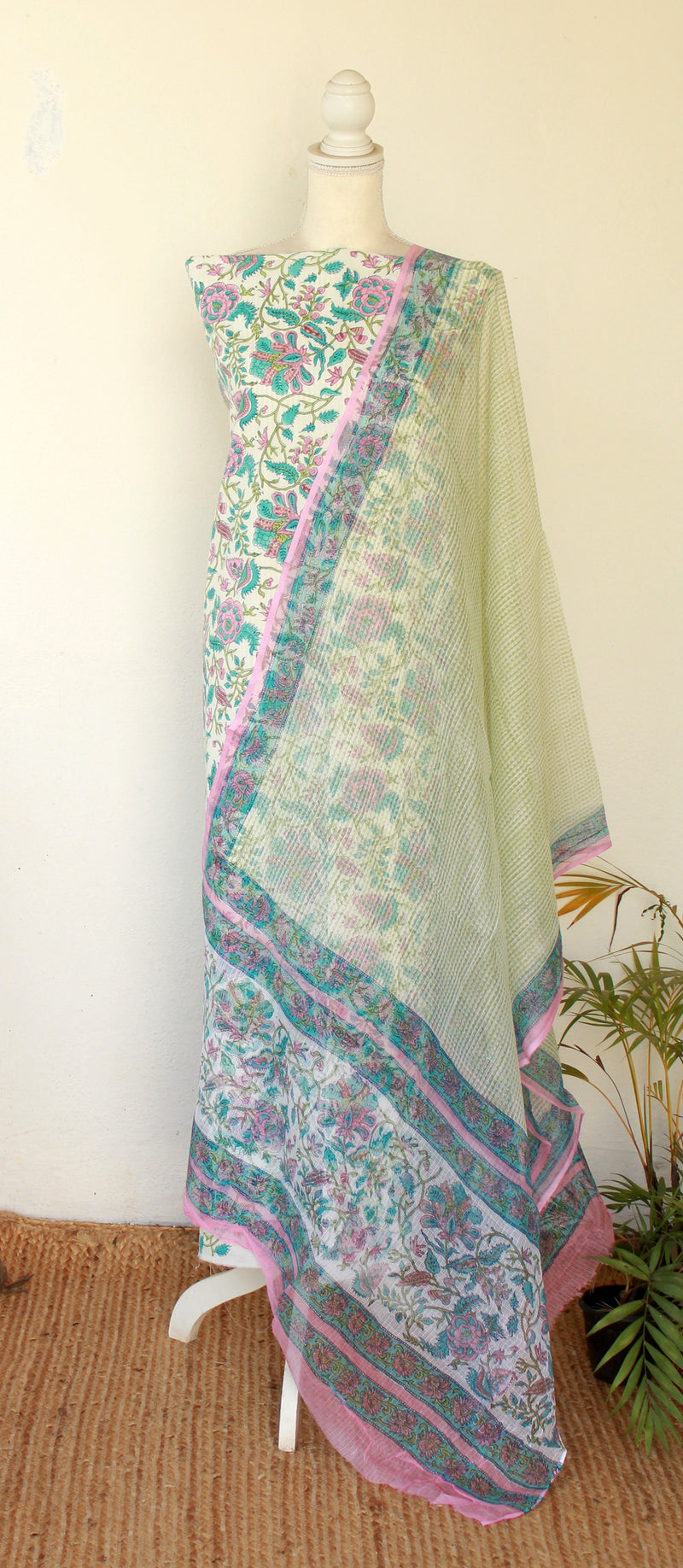 White Sanganeri Hand Block Printed Unstitched Cotton Dress Material With Kota Doria Dupatta