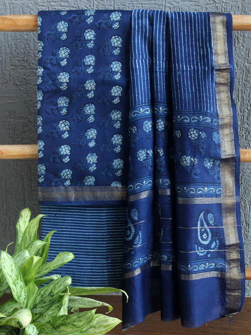 Akola Indigo Hand Block Printed Maheshwari Cotton Silk Unstitched Dress Material