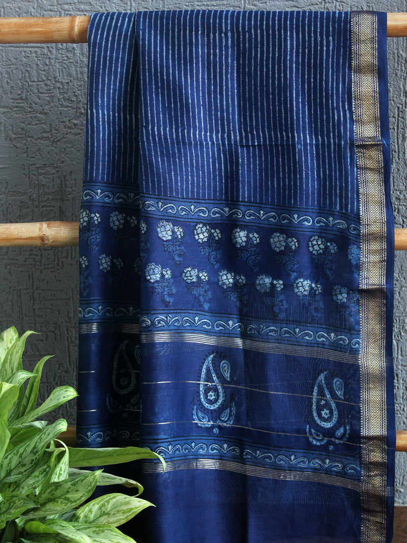 Akola Indigo Hand Block Printed Maheshwari Cotton Silk Unstitched Dress Material