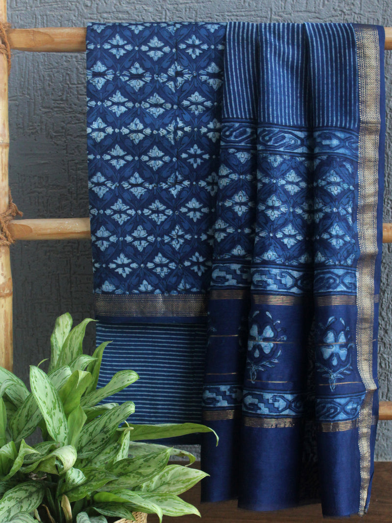 Akola Indigo Hand Block Printed Maheshwari Cotton Silk Unstitched Dress Material