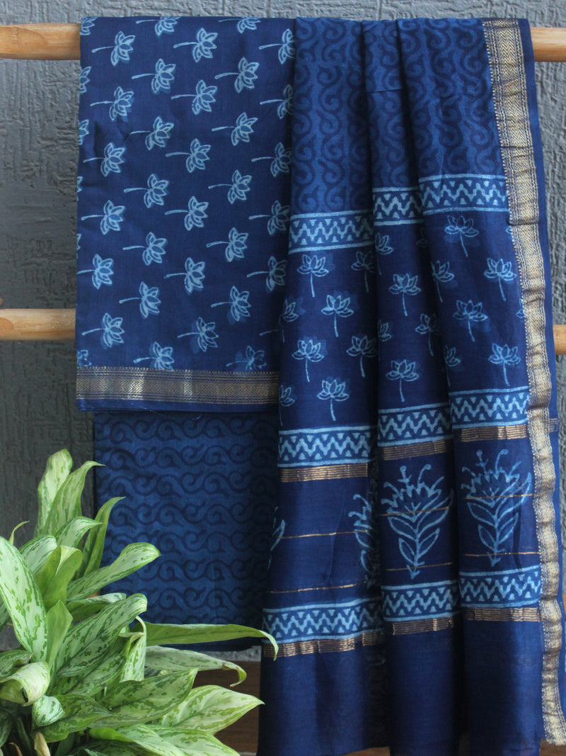 Akola Indigo Hand Block Printed Maheshwari Cotton Silk Unstitched Dress Material